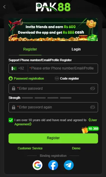 pak 88 game app register