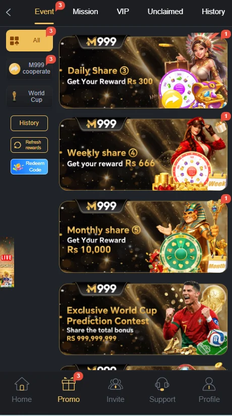 M999 game app image showing rewards and bonuse for users